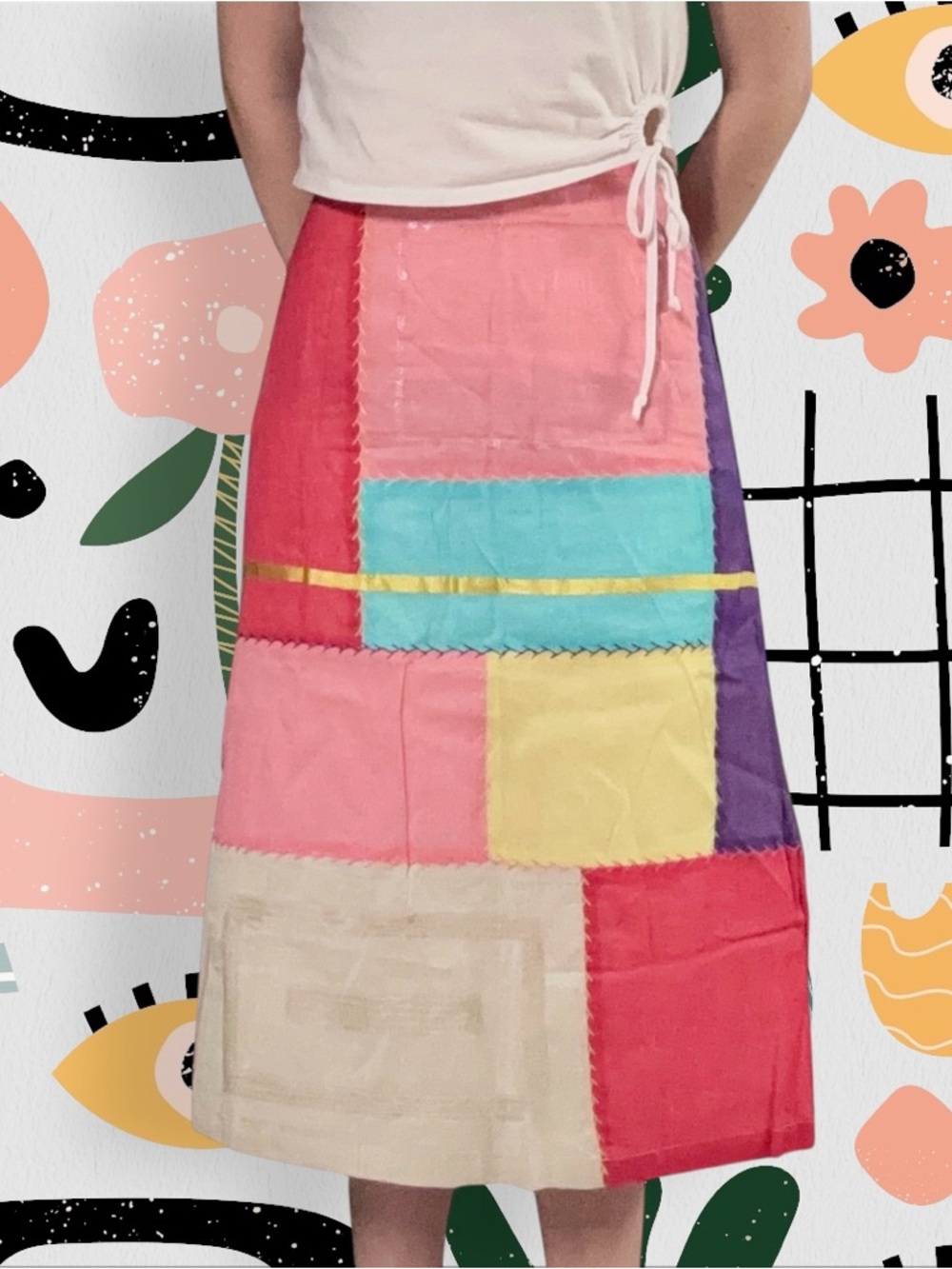 French Connection | Vintage Y2K 100% Cotton Patchwork Sequin Detail Midi Skirt